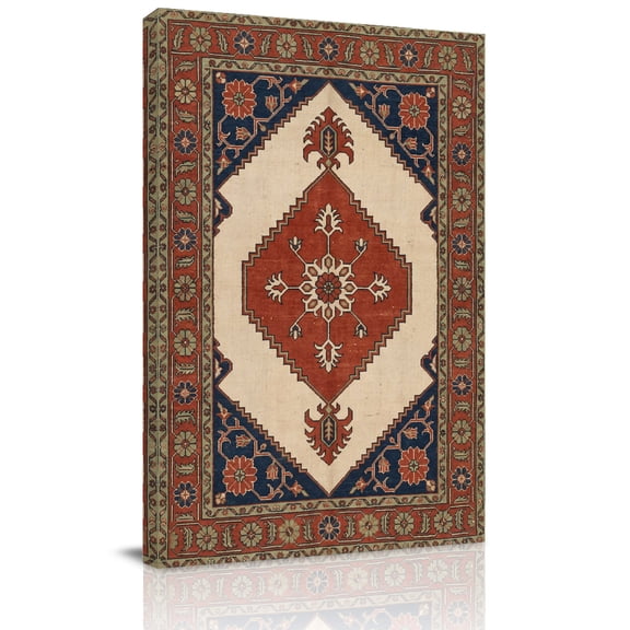 Ethnic Art Boho Canvas Wall Art for Living Room, Abstract Geometric Brick Red Flower Pattern Retro Border Wall Decor Framed Artwork Pictures Ready to Hang for Bedroom Office Home Decor