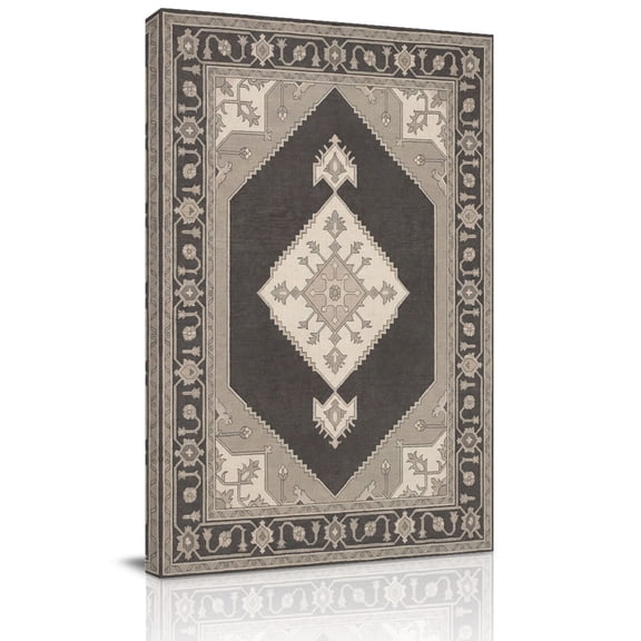 Ethnic Art Boho Canvas Wall Art for Living Room, Hexagon Geometric Gray Flower Pattern Retro Border Wall Decor Framed Artwork Pictures Ready to Hang for Bedroom Office Home Decor
