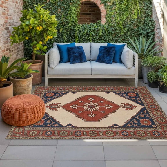Ethnic Art Boho Indoor Outdoor Rugs 4x6 Ft, Abstract Geometric Brick Red Flower Pattern Retro Border Outdoor Patio Rugs Mat Washable Outside Area Rugs Carpet for Porch Deck RV Balcony Backyard