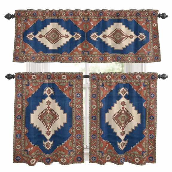 Ethnic Art Boho Kitchen Curtains Valances 3 Piece Set, Abstract Cobalt Blue Flower Pattern Retro Border Rod Pocket Tier Curtain and Valance Drapes for Small Window 36 Inch Length for Bedroom Cafe