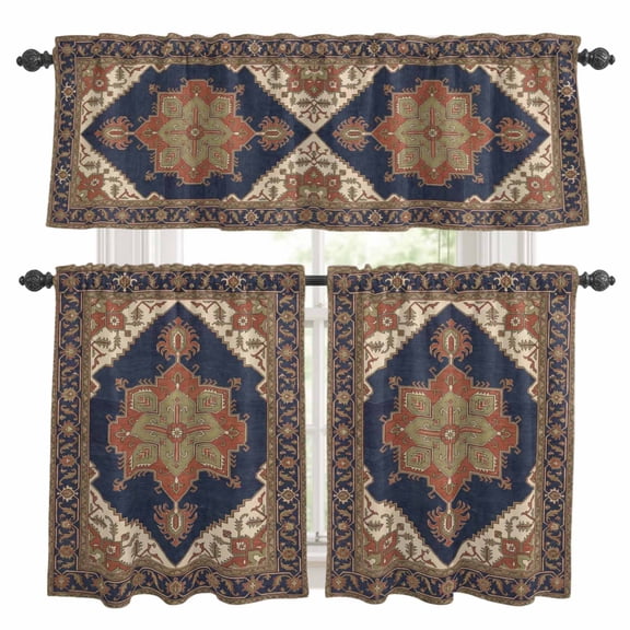 Ethnic Art Boho Kitchen Curtains Valances 3 Piece Set, Abstract Cobalt Brown Flower Pattern Retro Border Rod Pocket Tier Curtain and Valance Drapes for Small Window 36 Inch Length for Bedroom Cafe