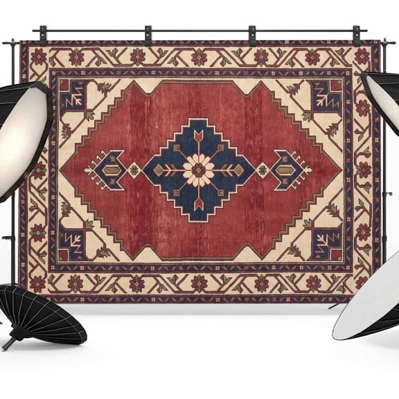 Ethnic Art Boho Photography Backdrop 10x8FT, Abstract Geometric Red Flower Pattern Retro Border Photo Backdrops, Background for Photography Studio Photo Studio Background, Back Drop for Photoshoot