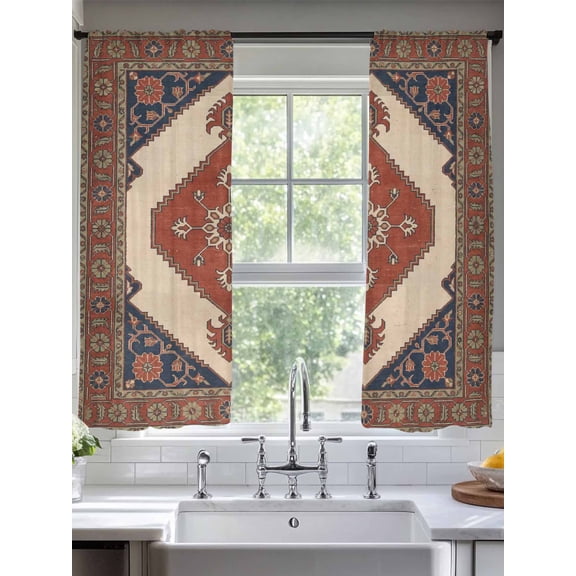 Ethnic Art Boho Sheer Curtains 63 inches Long, Abstract Geometric Brick Red Flower Pattern Retro Border Light Filtering Sheer Window Curtains Rod Pocket Voile Drapes for Bedroom Living Room, 2 Panels