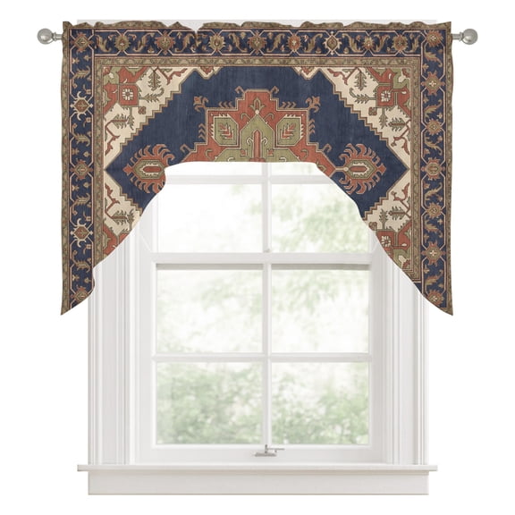 Ethnic Art Boho Swag Valance for Windows, Abstract Cobalt Brown Flower Pattern Retro Border Swag Curtains Valances for Small Window Treatment Rod Pocket for Kitchen Bathroom 1 Panel 56x36in