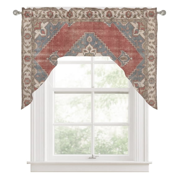 Ethnic Art Boho Swag Valance for Windows, Abstract Geometric Red Brown Flower Pattern Retro Border Swag Curtains Valances for Small Window Treatment Rod Pocket for Kitchen Bathroom 1 Panel 56x36in