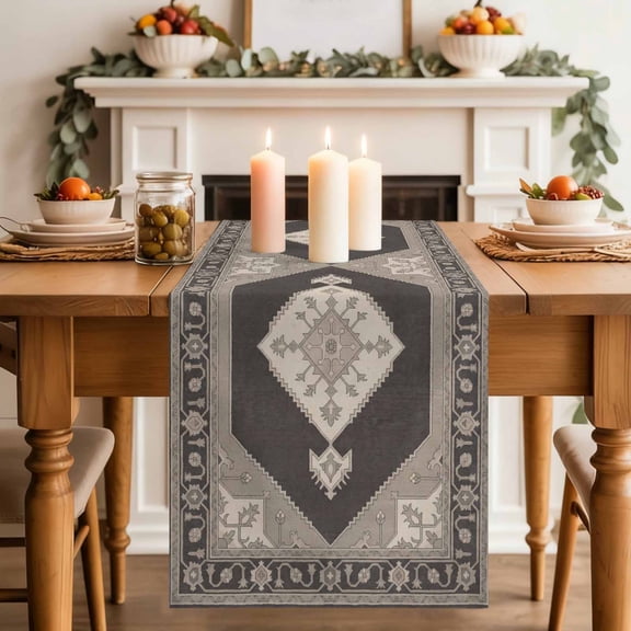 Ethnic Art Boho Table Runner, Hexagon Geometric Gray Flower Pattern Retro Border Washable Cotton-linen Table Runners Dining Kitchen Decoration for Everyday Home Wedding Party Decor, 18 x72 Inch