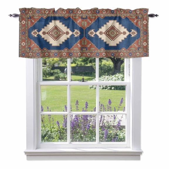 Ethnic Art Boho Valances for Windows Abstract Cobalt Blue Flower Pattern Retro Border Rod Pocket Cafe Window Treatments Valance Curtains for Kitchen Bathroom Laundry Basement Windows 42"x12"