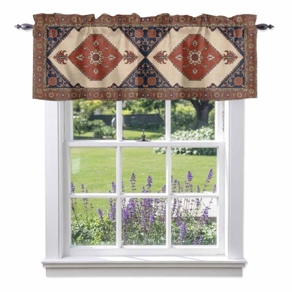 Ethnic Art Boho Valances for Windows Abstract Geometric Brick Red Flower Pattern Retro Border Rod Pocket Cafe Window Treatments Valance Curtains for Kitchen Bathroom Laundry Basement Windows 42"x12"
