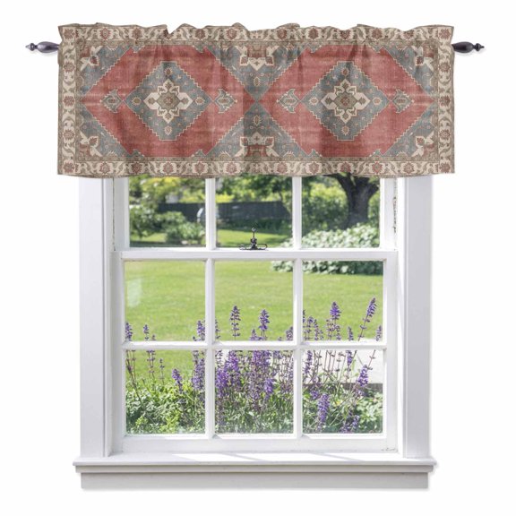 Ethnic Art Boho Valances for Windows Abstract Geometric Red Brown Flower Pattern Retro Border Rod Pocket Cafe Window Treatments Valance Curtains for Kitchen Bathroom Laundry Basement Windows 56"x16"