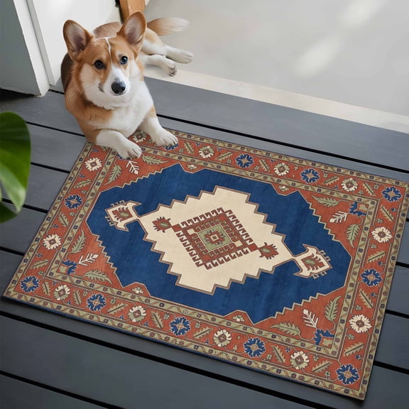 Ethnic Art Boho Washable Entry Rug 2x3 Abstract Cobalt Blue Flower Pattern Retro Border Low Pile Indoor Door Mat with Rubber Backing Thin Area Rug for for Entrance, Bedroom, Kitchen, Bathroom
