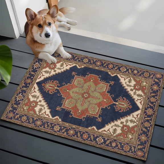 Ethnic Art Boho Washable Entry Rug 2x3 Abstract Cobalt Brown Flower Pattern Retro Border Low Pile Indoor Door Mat with Rubber Backing Thin Area Rug for for Entrance, Bedroom, Kitchen, Bathroom