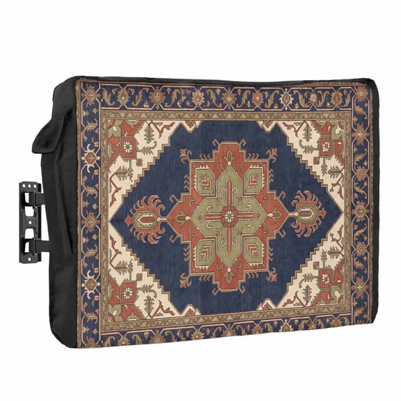 Ethnic Art Boho Waterproof Outdoor TV Cover, Abstract Cobalt Brown Flower Pattern Retro Border Outside Weatherproof TV Enclosures for 30 to 32 Inch LCD Television Shield Flat Screen Protectors