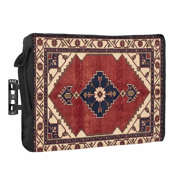 Ethnic Art Boho Waterproof Outdoor TV Cover, Abstract Geometric Red Flower Pattern Retro Border Outside Weatherproof TV Enclosures for 30 to 32 Inch LCD Television Shield Flat Screen Protectors
