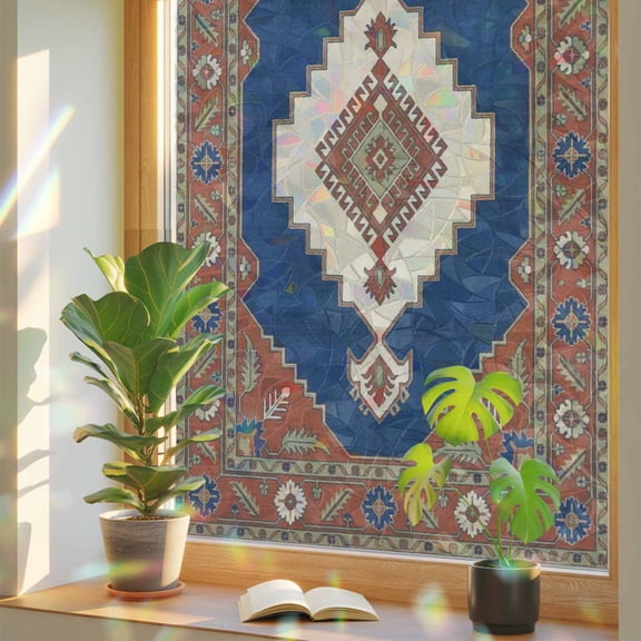 Ethnic Art Boho Window Privacy Film, Abstract Cobalt Blue Flower Pattern Retro Border Stained Glass Rainbow Film Decorative Window Clings, Static Cling Sun Blocking Stickers 23.6" x 59"