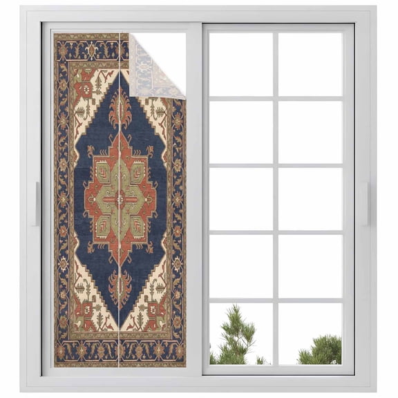 Ethnic Art Boho Window Privacy Film, Abstract Cobalt Brown Flower Pattern Retro Border Frosted Glass Window Clings Static Cling UV Heat Blocking Reusable Door Sticker for Bathroom 23.6 x 59 Inch