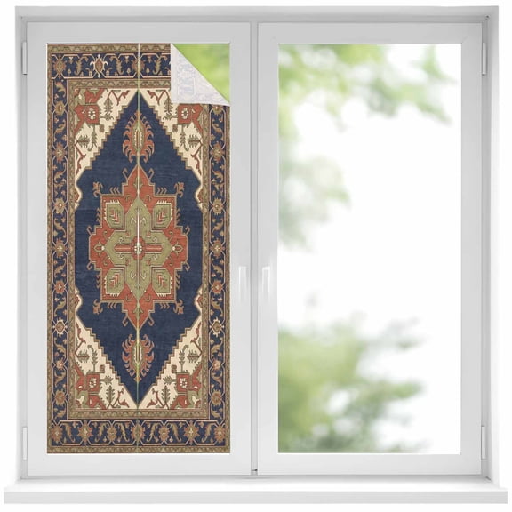 Ethnic Art Boho Window Privacy Film, Abstract Cobalt Brown Flower Pattern Retro Border Frosted Glass Window Clings Static Cling UV Heat Blocking Reusable Door Sticker for Bathroom 19.6 x 39.3 Inch