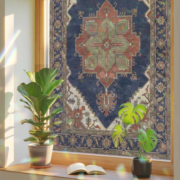 Ethnic Art Boho Window Privacy Film, Abstract Cobalt Brown Flower Pattern Retro Border Stained Glass Rainbow Film Decorative Window Clings, Static Cling Sun Blocking Stickers 29.5" x 118"