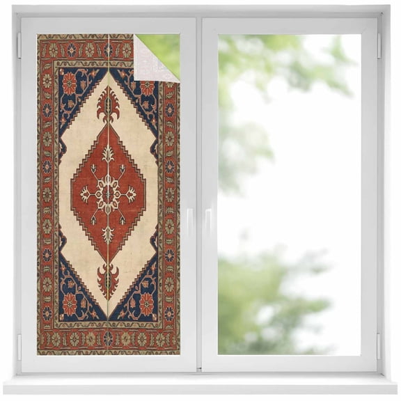 Ethnic Art Boho Window Privacy Film, Abstract Geometric Brick Red Flower Pattern Retro Border Frosted Glass Window Clings Static Cling UV Heat Blocking Door Sticker for Bathroom 19.6x39.3 Inch