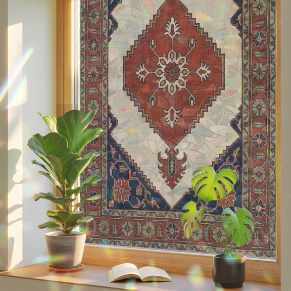 Ethnic Art Boho Window Privacy Film, Abstract Geometric Brick Red Flower Pattern Retro Border Stained Glass Rainbow Film Decorative Window Clings, Static Cling Sun Blocking Stickers 17.7" x 39.3"