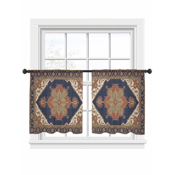 Ethnic Art Boho Window Sheer Curtain Abstract Cobalt Brown Flower Pattern Retro Border Semi Curtain Sheers Light Filtering Rod Pocket Voile Drapes for Bedroom Kitchen 52 X 54 Inch, 2 Panels