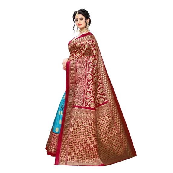 Ethnic Asia Art Silk Red Saree Daily Wear Unstitched Blouse Piece