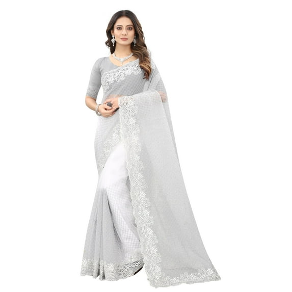 Ethnic Asia Net Saree Embroidered Sari Unstitched Blouse