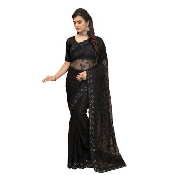 Ethnic Asia Net Saree Embroidered Stone Work Sari Unstitched Blouse
