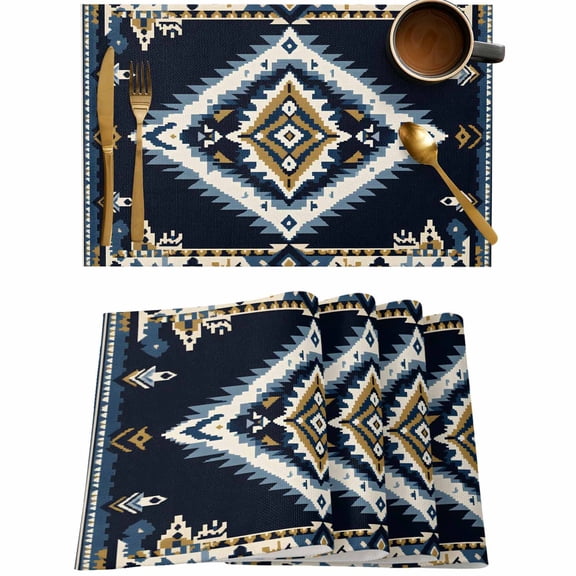 Ethnic Aztec Abstract Geometric Placemats Set of 4,Wipeable Washable Table Mats for Dining Tables,Retro Color Blocks on Black Place Mats for Kitchen Event Party Tabletop Decor