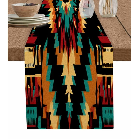 Ethnic Aztec Table Runner-Cotton Linen- 60 Inch Holiday Dresser Scarves, Abstract Southwestern Mexican Geometric Tablerunner for Kitchen Coffee/Dining Bedroom Living Room Dinner Scarf Décor 13x60
