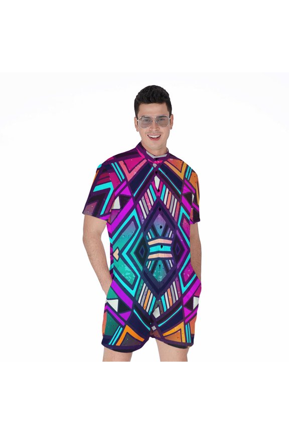 Ethnic Aztec Trippy Short Sleeve Men'S Rompers Casual Summer Jumpsuits Outfit