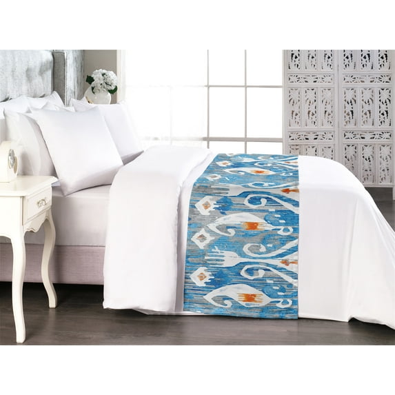 Ethnic Bed Runner, Folk Art Themed Pattern of Ikat Pattern Floral Details Bohemian Motif, Decorative Accent Bedding Scarf for Hotels Homes & Guest Rooms, Queen, Sky Blue Orange and White, by Ambesonne