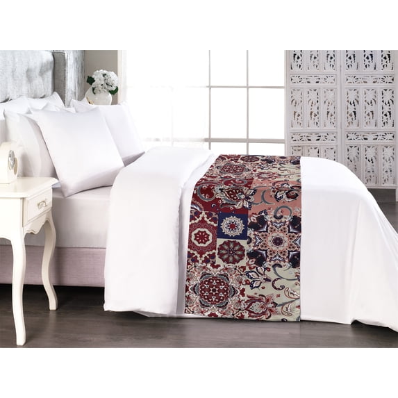 Ethnic Bed Runner, Oriental Bohemian Traditional Flower Pattern and Geometric Folk Forms, Decorative Accent Bedding Scarf for Hotels Homes & Guest Rooms, Queen, Burgundy Eggshell Indigo, by Ambesonne