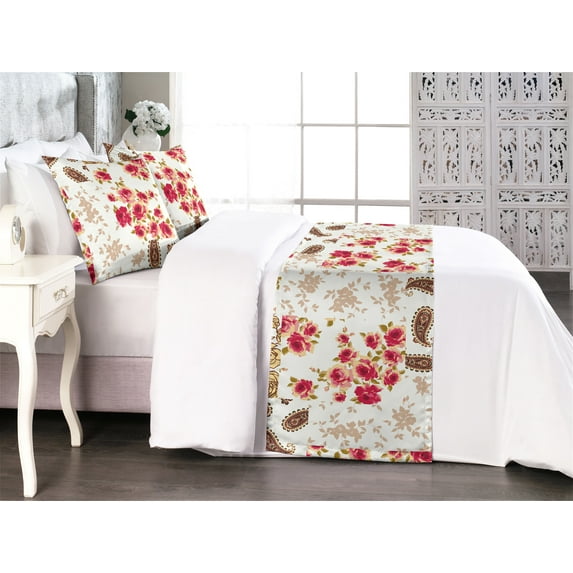 Ethnic Bed Runner Set, Paisley Motifs with Flowers Minimalistic Ornament on Plain Back, Decorative Bedding Scarf & 2 Pillow Shams for Hotels Homes, Queen, Dark Coral Umber and Taupe, by Ambesonne