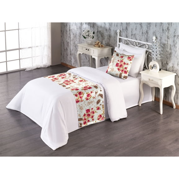 Ethnic Bed Runner Set, Paisley Motifs with Flowers Minimalistic Ornament on Plain Back, Decorative Bedding Scarf & a Pillow Sham for Hotels Homes, Twin, Dark Coral Umber and Taupe, by Ambesonne