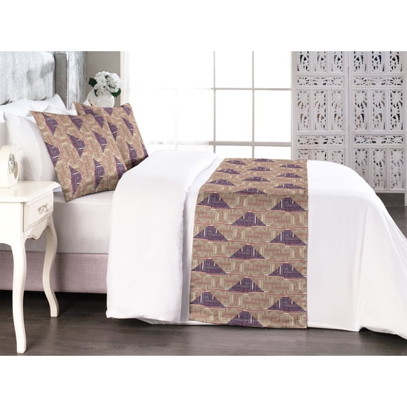 Ethnic Bed Runner Set, Traditional Theme Geometric Triangle Shapes With Stripe Artwork Print, Decorative Bedding Scarf & 2 Pillow Shams for Hotels Homes, Queen, Dimgray Indigo Eggshell, by Ambesonne
