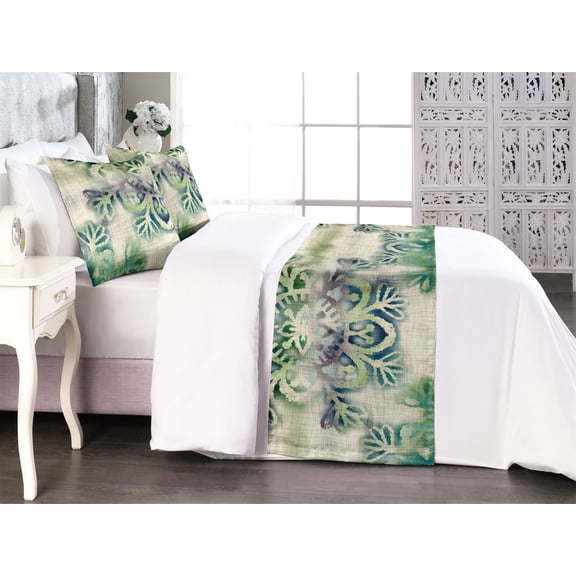 Ethnic Bed Runner Set, Watercolor Folk Floral Ornament Tie Dye Look on Creamy Neutral Backdrop, Decorative Bedding Scarf & 2 Pillow Shams for Hotels Homes, Queen, Jade Green Plum Mustard, by Ambesonne