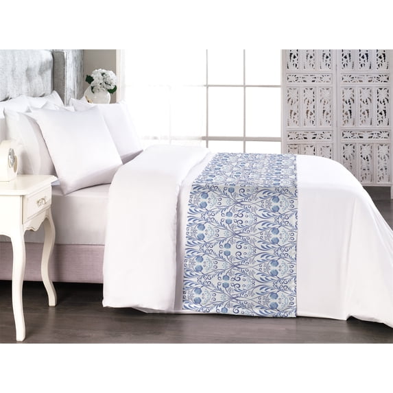 Ethnic Bed Runner, Traditional Inspired Blossom Like Illustrated Flower Pattern on Plain Backdrop, Decorative Accent Bedding Scarf for Hotels Homes & Guest Rooms, Queen, Ivory Soft Blue, by Ambesonne
