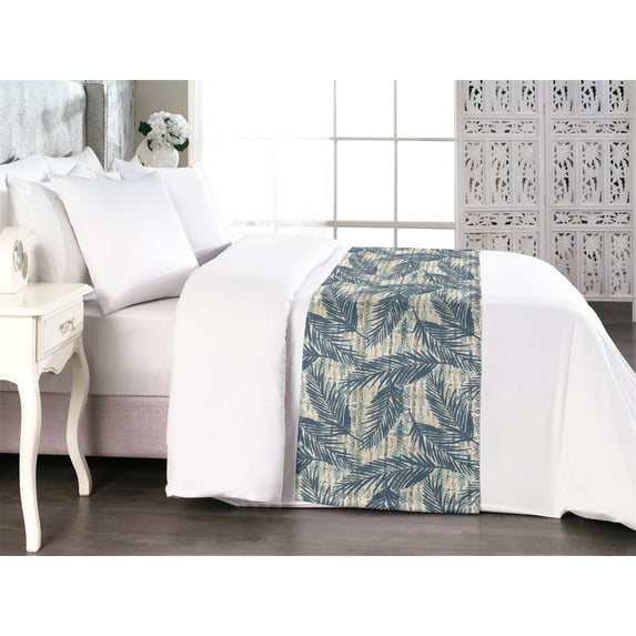 Ethnic Bed Runner, Tropical Theme Leaf Silhouette Pattern on Traditional Designed Backdrop Print, Decorative Accent Bedding Scarf for Hotels Homes & Guest Rooms, King, Slate Blue Ivory, by Ambesonne