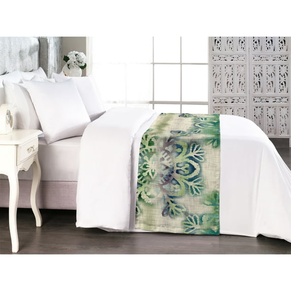 Ethnic Bed Runner, Watercolor Folk Floral Ornament Tie Dye Look on Creamy Neutral Backdrop, Decorative Accent Bedding Scarf for Hotels Homes & Guest Rooms, King, Jade Green Plum Mustard, by Ambesonne