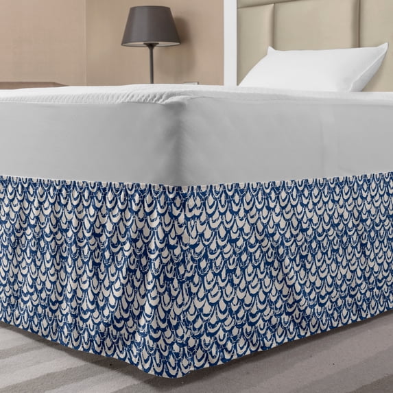 Ethnic Bed Skirt, Hand Drawn Style Indonesian Batik Pattern with Curves and Small Triangles, Elastic Bedskirt Dust Ruffle Wrap Around for Bedding Decor, 4 Sizes, Navy Blue and Cream, by Ambesonne