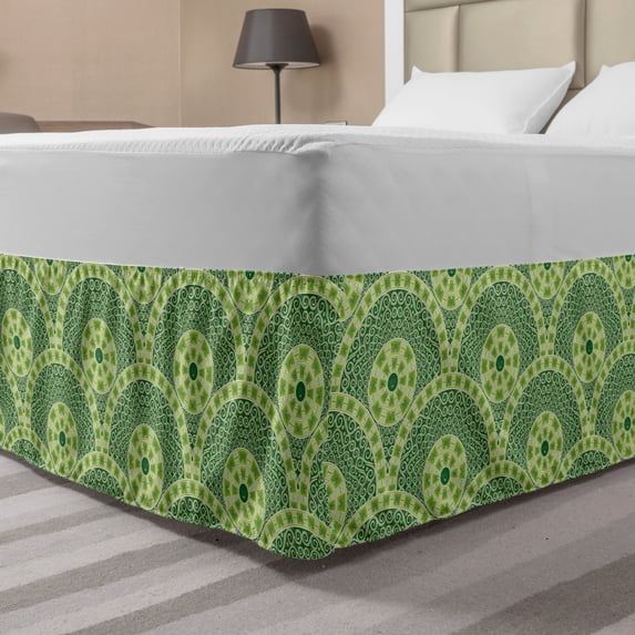 Ethnic Bed Skirt, Repetitive Overlapped Creative Antique Cultural Circle Ornaments, Elastic Bedskirt Dust Ruffle Wrap Around for Bedding Decor, 4 Sizes, Green Lime Green, by Ambesonne