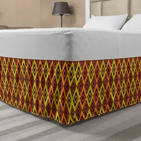 Ethnic Bed Skirt, Warm Colored Rhombus Pattern Design from Mexican Peruvian Cultures, Elastic Bedskirt Dust Ruffle Wrap Around for Bedding Decor, 4 Sizes, Vermilion Yellow, by Ambesonne