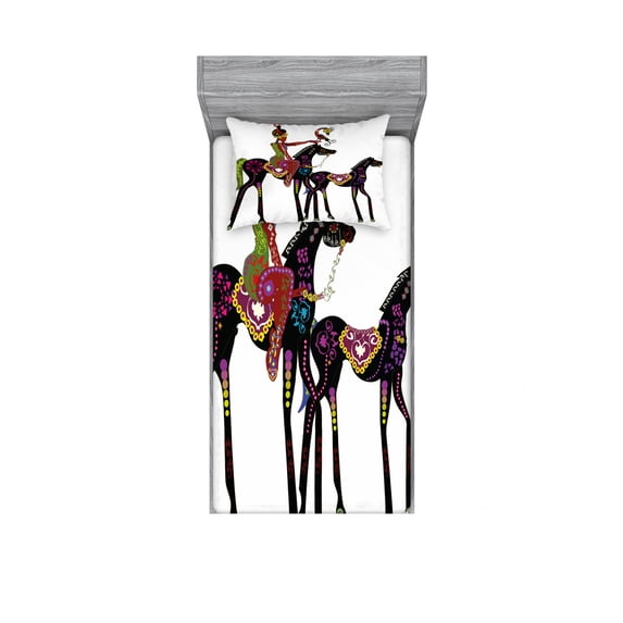 Ethnic Bedding Set with Sheet & Covers, Abstract Design of a Woman on a Horse with a Bird Animal Fun Image, Printed Bedroom Decor 2 Shams, 4 Sizes, Multicolor, by Ambesonne