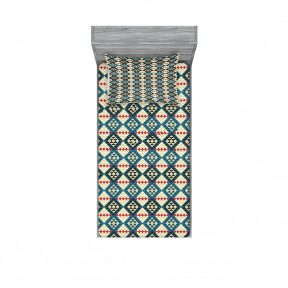 Ethnic Bedding Set with Sheet & Covers, Braided Carpet Inspired View Mosaic Art Design Print, Printed Bedroom Decor 2 Shams, 4 Sizes, Cream Coral Blue, by Ambesonne