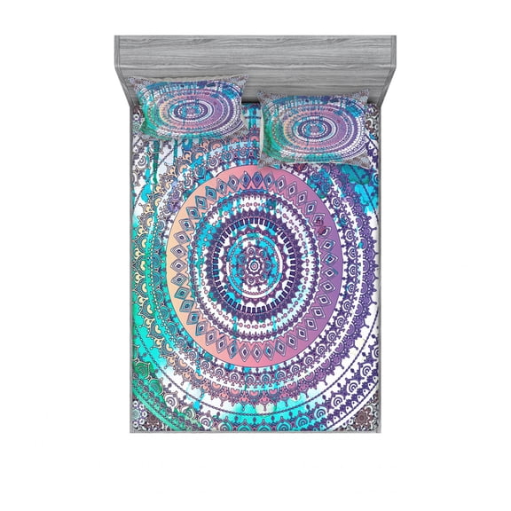 Ethnic Bedding Set with Sheet & Covers, Classical Mandala in Various Details Drawn Design Composition Old Print Design, Printed Bedroom Decor 2 Shams, 4 Sizes, Lilac and Blue, by Ambesonne