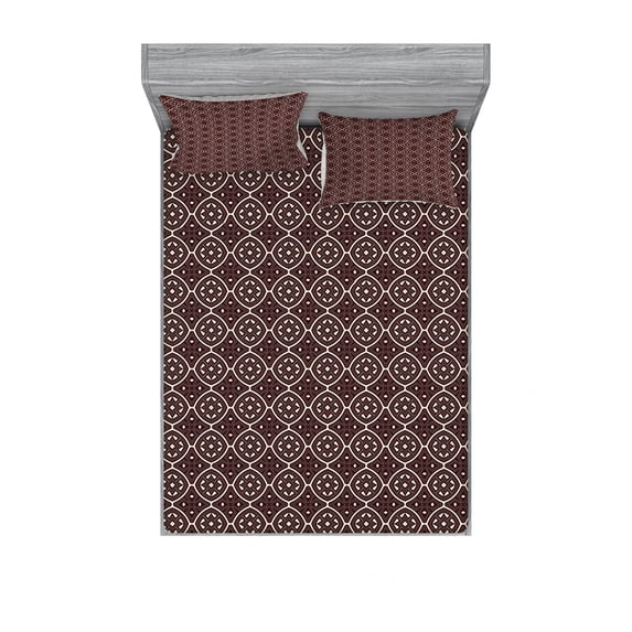 Ambesonne Ethnic Fitted Sheet & Pillow Sham Set, Ornament Old Style, Full, Dark Brown and Ivory