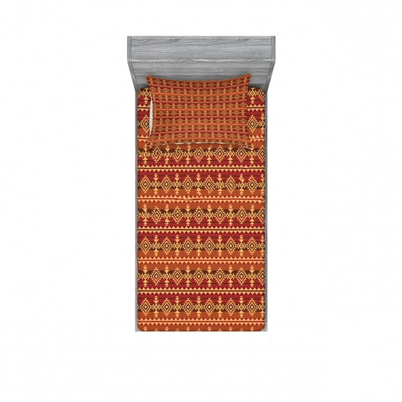 Ethnic Bedding Set with Sheet & Covers, Style Cultural Seamless Pattern Triangles Tribal, Printed Bedroom Decor 2 Shams, 4 Sizes, Ginger and Orange, by Ambesonne