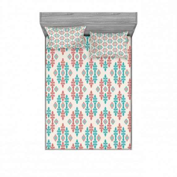 Ethnic Bedding Set with Sheet & Covers, Traditional Local Design Elements, Printed Bedroom Decor 2 Shams, 4 Sizes, Coral Turquoise White, by Ambesonne