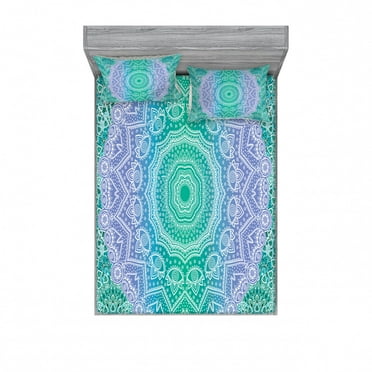 Ethnic Bedding Set with Sheet & Covers, Traditional Mystical Oriental Mandala Yantra Geometry Pattern, Printed Bedroom Decor 2 Shams, 4 Sizes, Purple Green, by Ambesonne