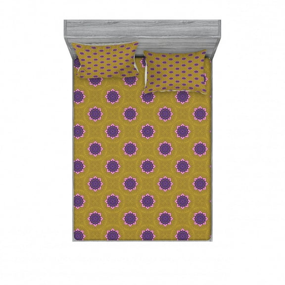 Ethnic Bedding Set with Sheet & Covers, Traditional Ottoman Ornament with Mandala Retro Style Motifs Print, Printed Bedroom Decor 2 Shams, 4 Sizes, Pale Pink Purple, by Ambesonne